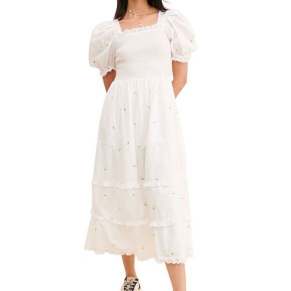 New Sister Jane Coastland Petal Midi Dress Puff Sleeve Tiered Ruffle S White - Picture 1 of 12